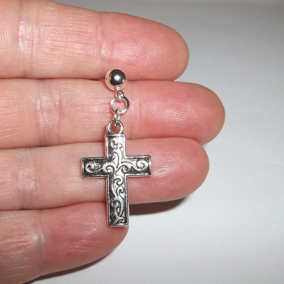 Unisex Silver Cross Earring Post Stud Silver Girl Boy Man Woman Simple NWT 5480 - Picture 6 of 9